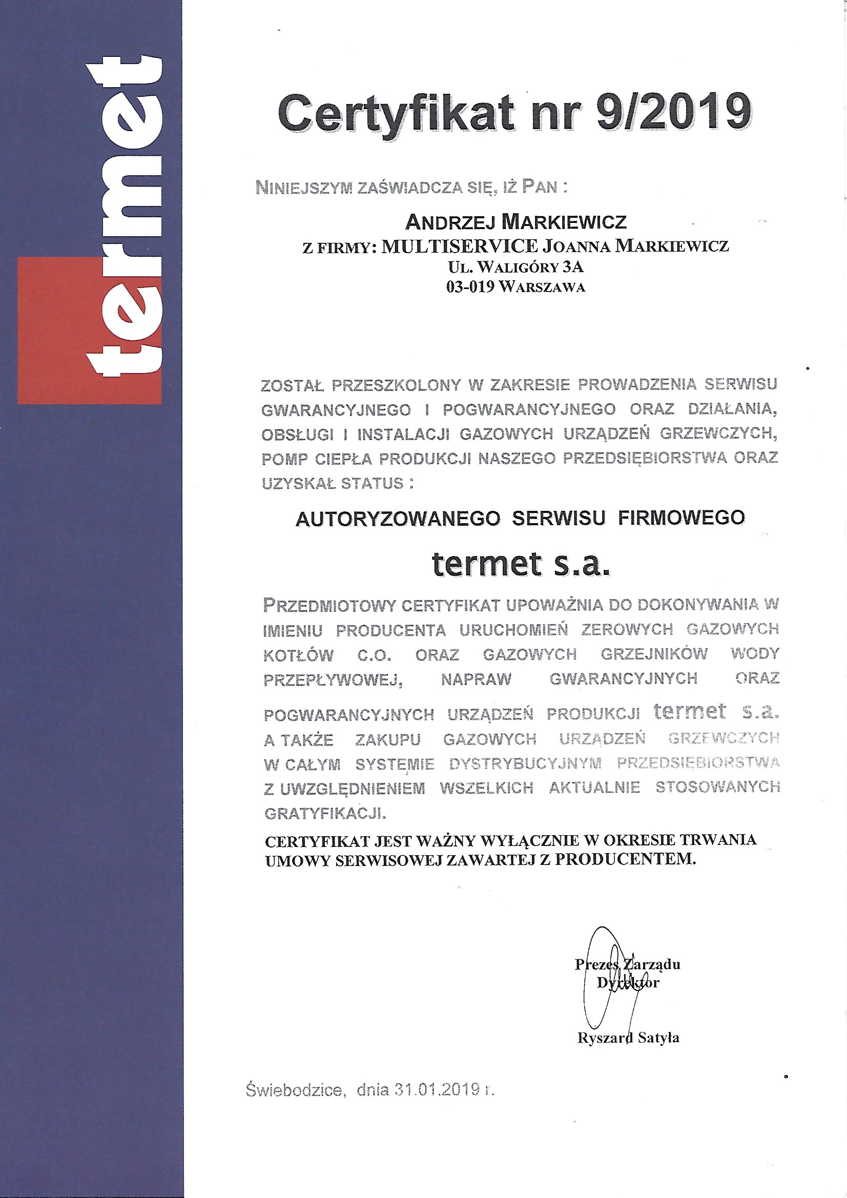 Certyfikat Termet