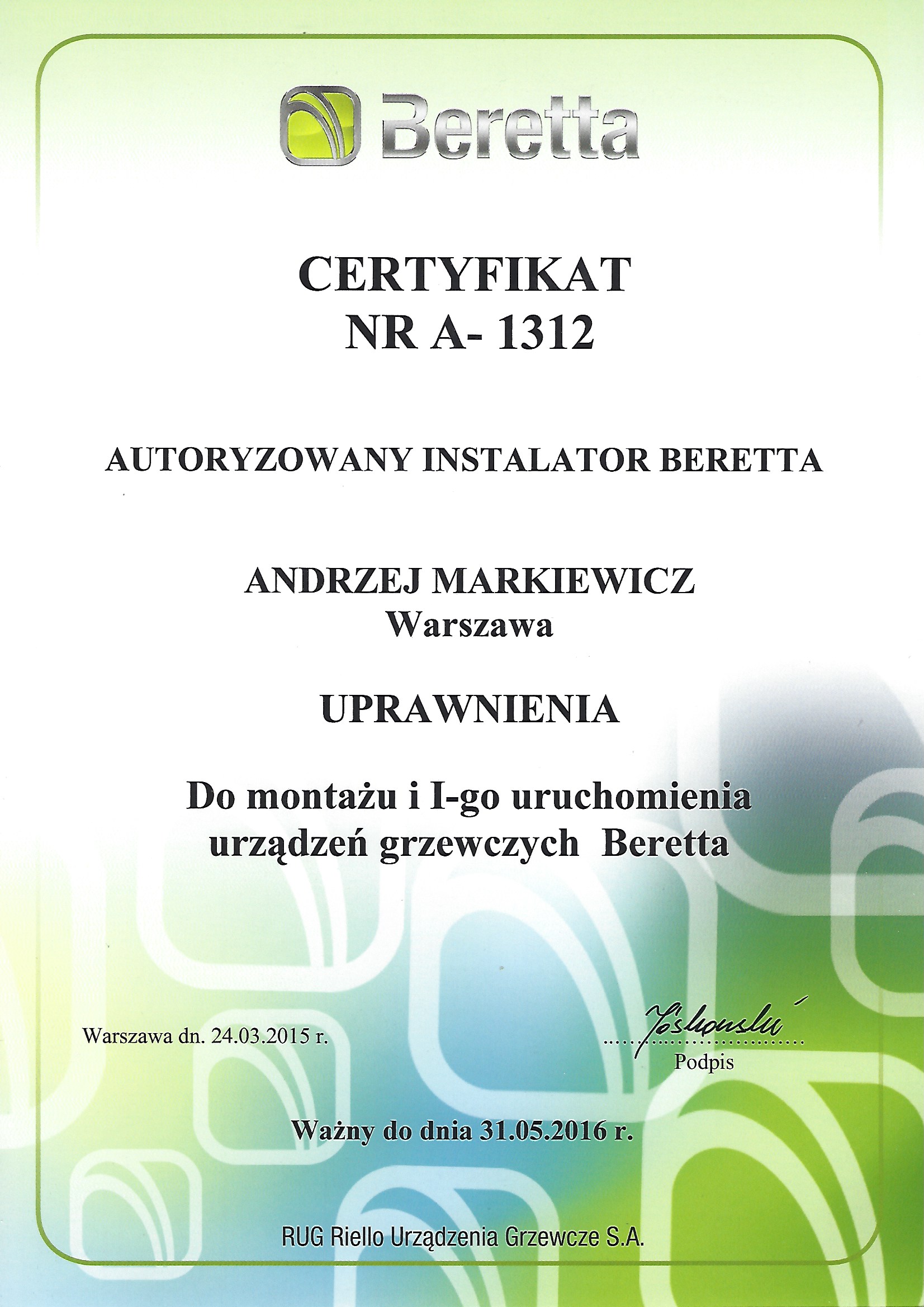 Certyfikat Beretta